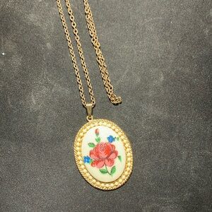 Vintage Inspired Faux West Germany “Embroidered” Red Rose Pendant Necklace‎